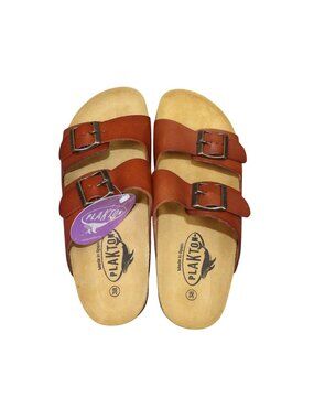 Plakton Women's  Brown Leather  Adjustable Buckles & Cork Sole Size 7 EU 38